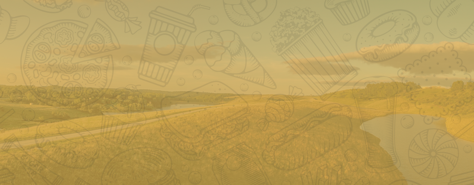 graphic of food items and vista of pastures