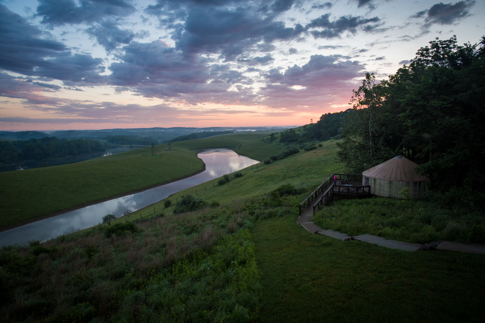 yurt overlooking river and pastures